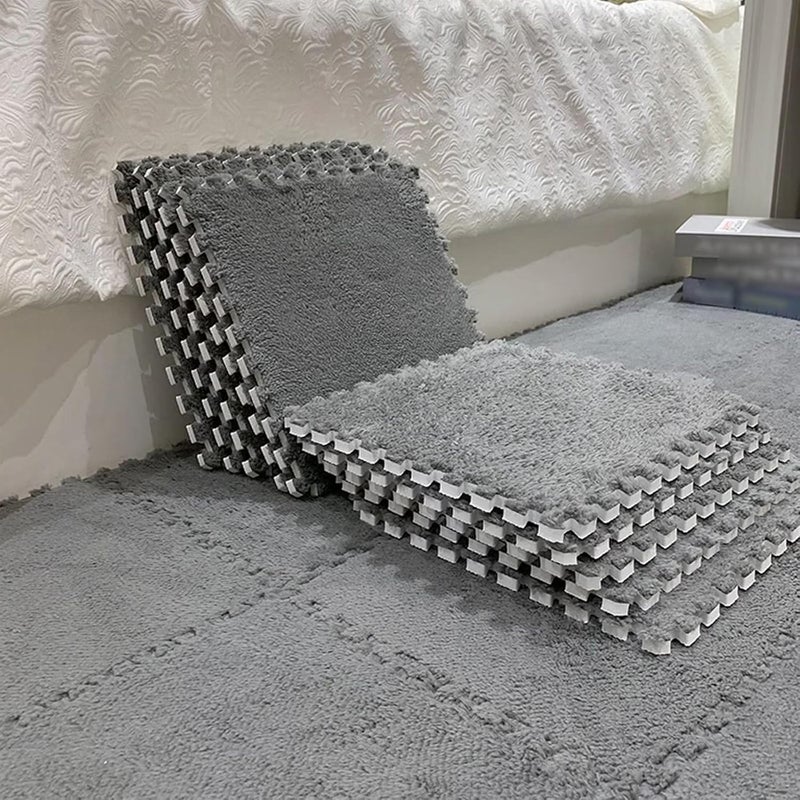 Typutomi 12pcs Plush Puzzle Foam Floor Mat, Soft Thicken Fluffy Interlocking Square Foam Tiles Area Rugs Carpet for Parlor Bedroom Decoration(11.8x11.8x0.4in, Grey) - Image 1